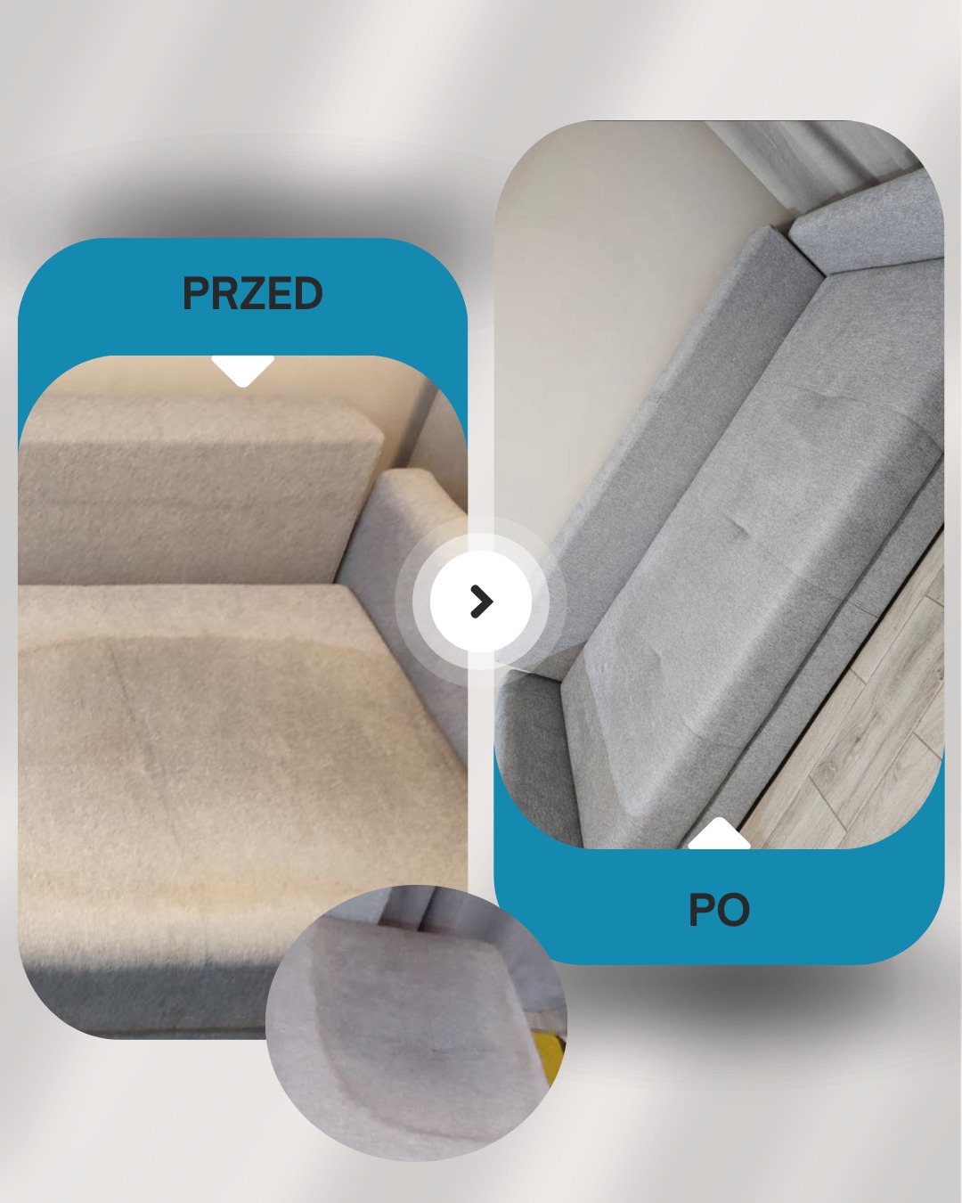 Kanapa narożna: widok 'przed' z wyraźnymi plamami i 'po' - czysta, szara tapicerka. Grafika w zaokrąglonych, niebieskich ramkach, strzałka w prawo między stanami.