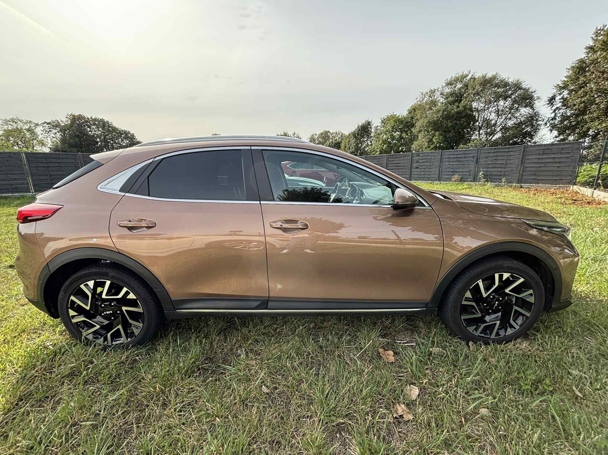 Brązowy crossover Kia XCeed na trawie, widok z boku. Auto z czarnymi felgami i przyciemnianymi szybami na tle zieleni i szarego nieba.