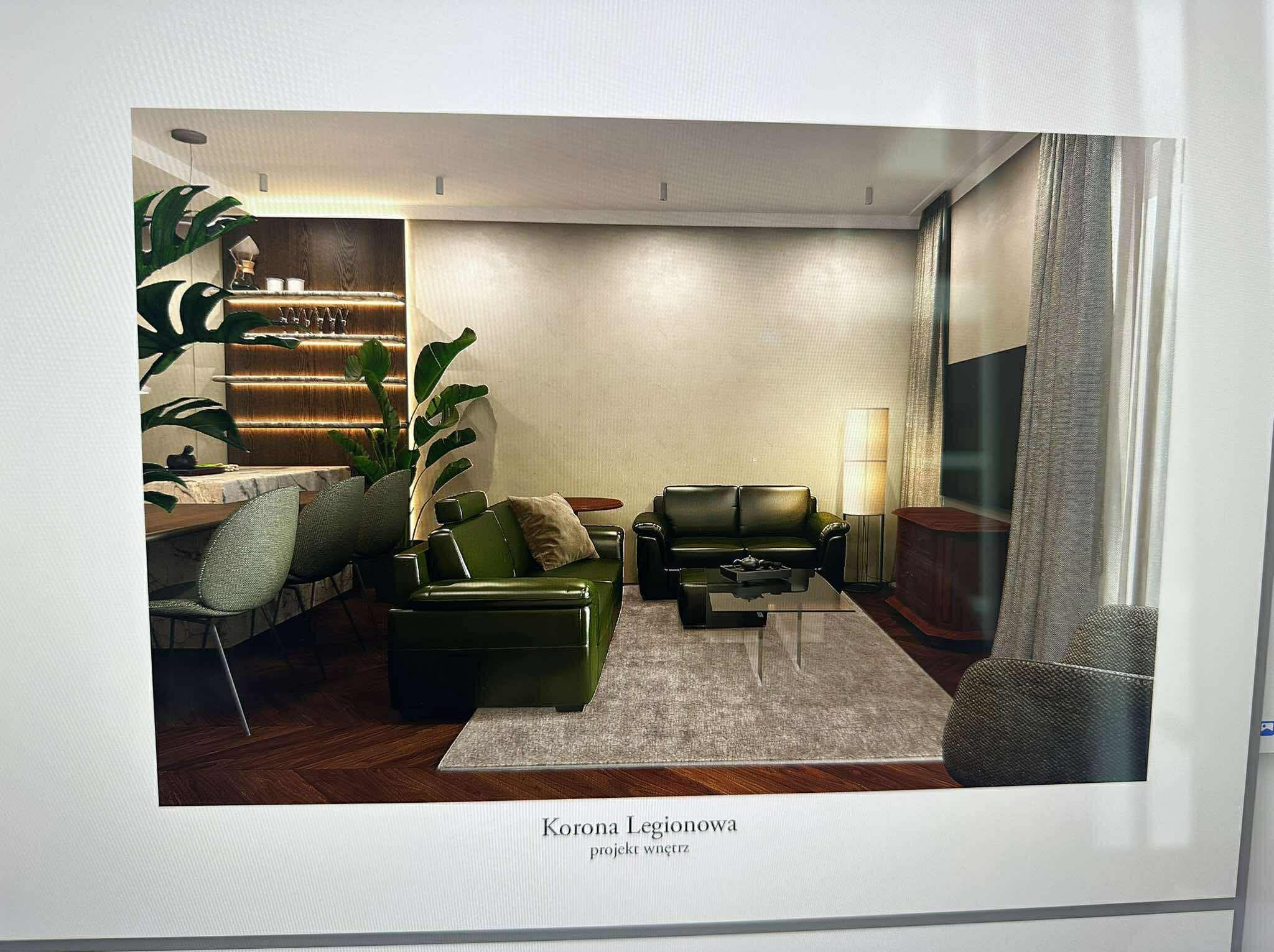 Wizualizacja salonu z zielonymi sofami, drewnianą podłogą w jodełkę i roślinami. Na ścianie półki z oświetleniem. Projekt wnętrza z nowoczesnym designem.