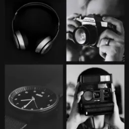 Czarno-biała mozaika z przykładami realizacji: słuchawki, aparat Pentax, zegarek, Polaroid, smartfon i osoba pisząca w notatniku. Widoczne logo 'video&more.'