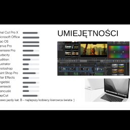 Marta Krzemińska - Prezentacja umiejętności w programach graficznych i językach obcych, zrzut ekranu edytora wideo, laptop Apple. Umiejętności przedstawione za pomocą poziomych pasków.