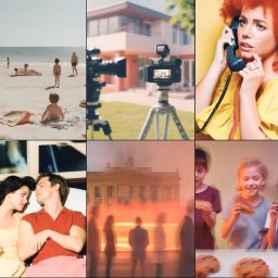 Marta Krzemińska - Mozaika z sześciu kadrów: plaża z dziećmi, kamera na statywie, kobieta z telefonem, para w łóżku, budynek w ruchu, dzieci z ciastkami i aparatem.