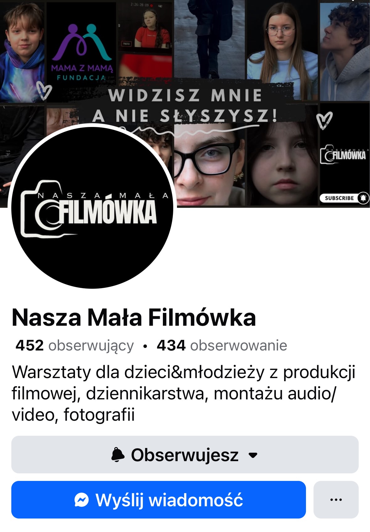 Profil 'Nasza Mała Filmówka' z kolażem zdjęć dzieci i młodzieży, logo z kamerą i napisem. Warsztaty filmowe dla młodych adeptów sztuki filmowej.