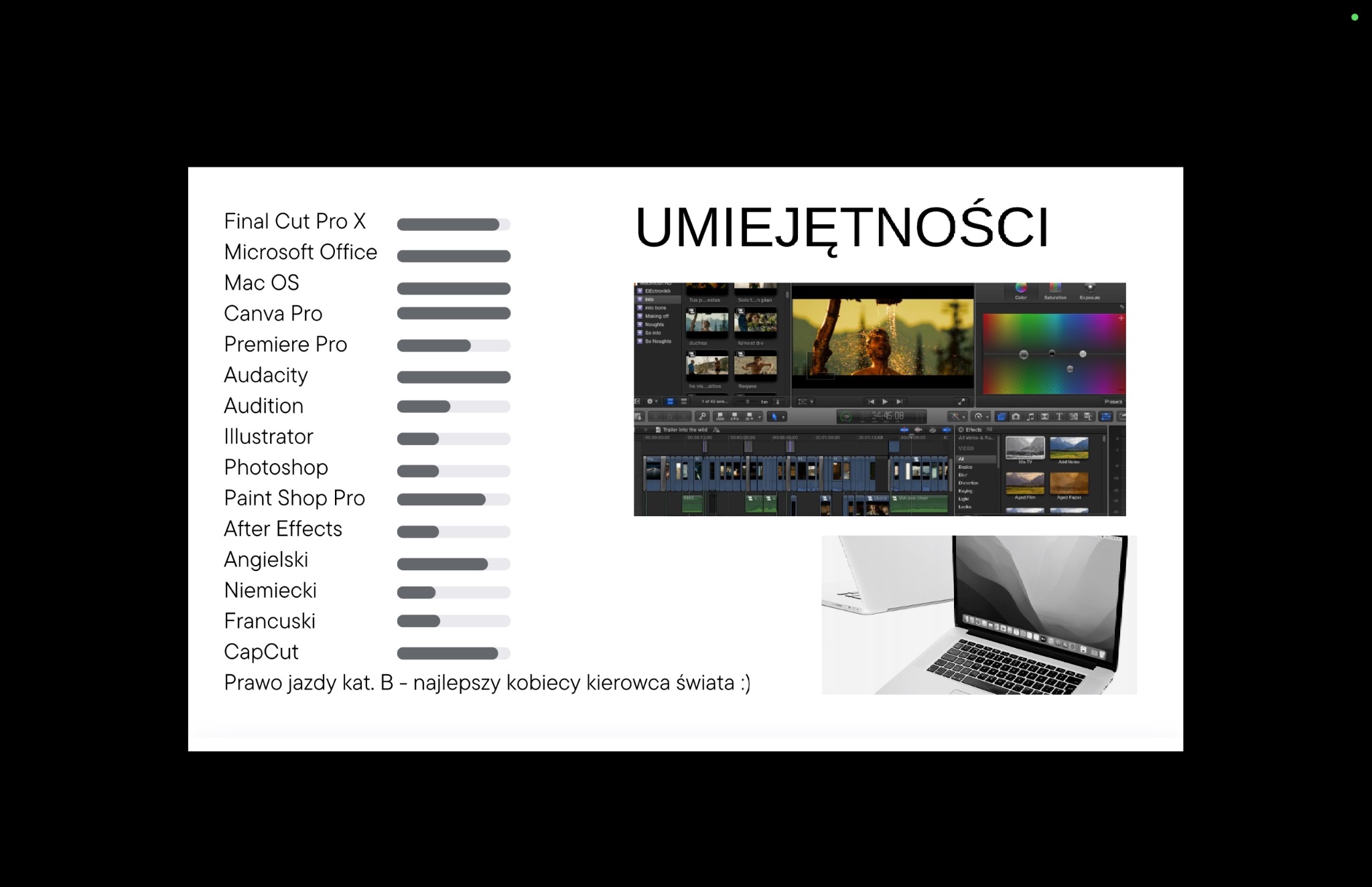 Prezentacja umiejętności w programach graficznych i językach obcych, zrzut ekranu edytora wideo, laptop Apple. Umiejętności przedstawione za pomocą poziomych pasków.