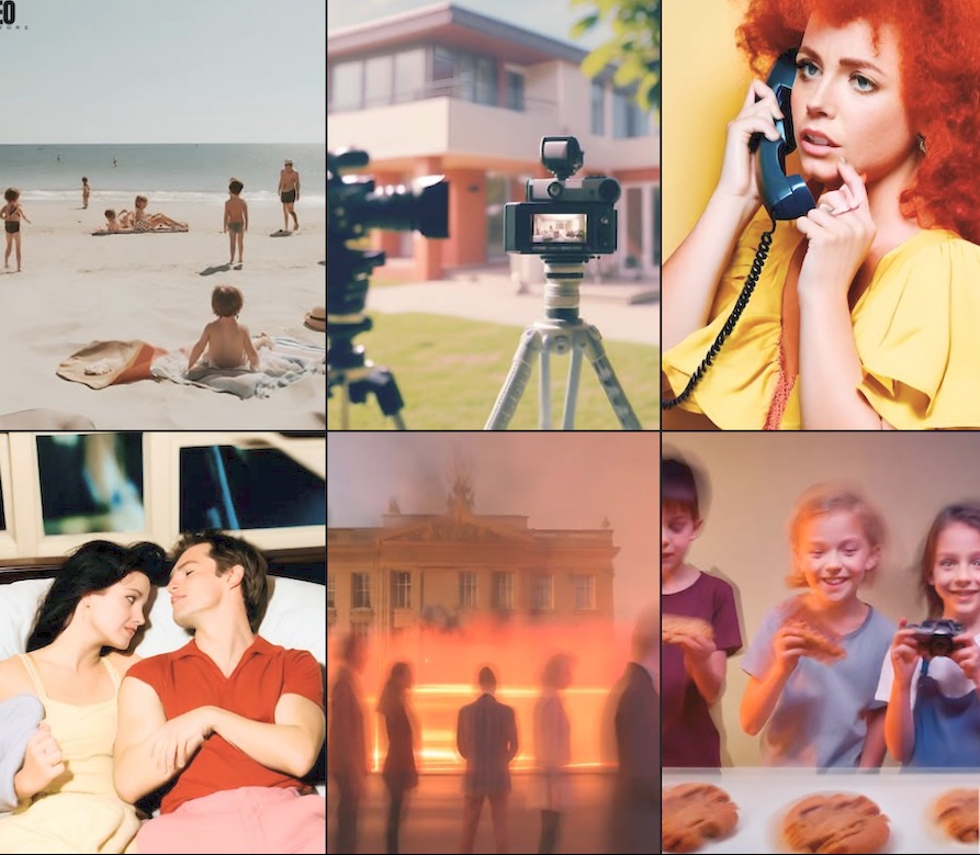 Mozaika z sześciu kadrów: plaża z dziećmi, kamera na statywie, kobieta z telefonem, para w łóżku, budynek w ruchu, dzieci z ciastkami i aparatem.