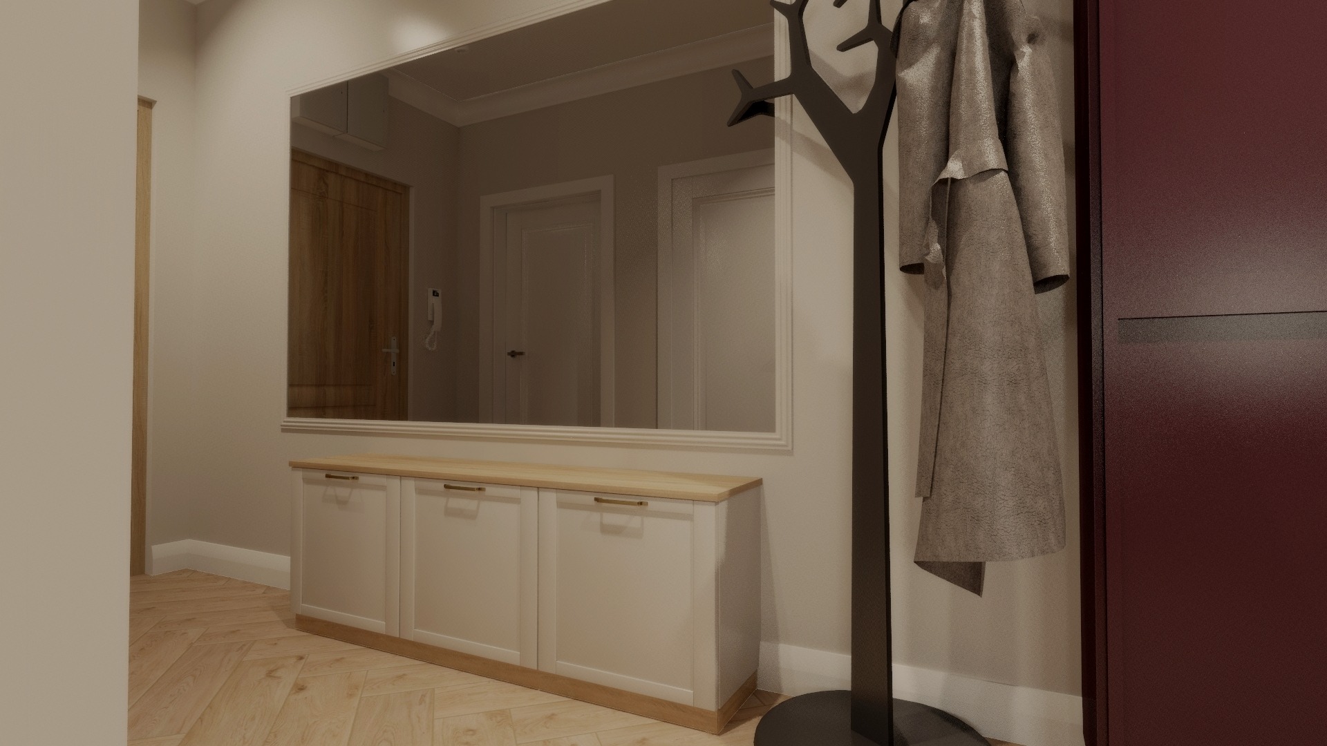 Nowoczesna aranżacja przedpokoju: biała szafka z lustrem, w którym odbija się wnętrze, oraz wieszak na ubrania w kształcie drzewa i bordowa szafa.