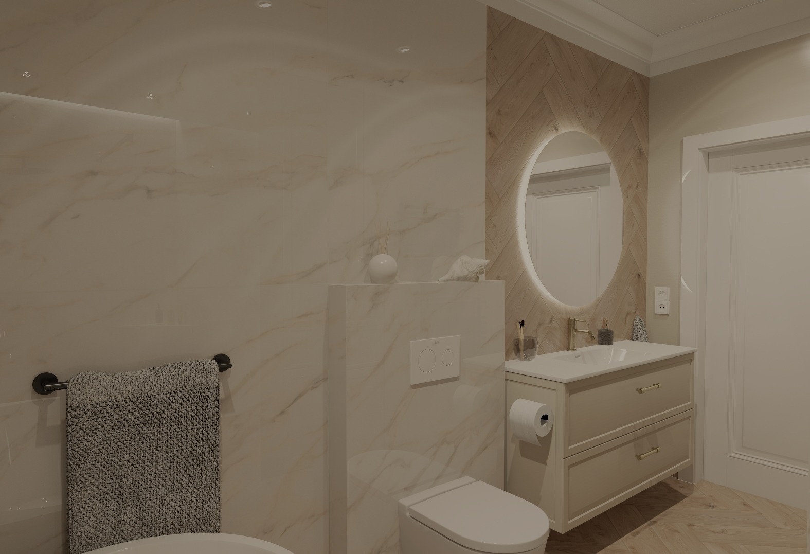 Elegancka łazienka w jasnych odcieniach z marmurowymi płytkami, owalnym lustrem z podświetleniem LED i drewnianą mozaiką na ścianie. Nowoczesna armatura i subtelne dodatki.