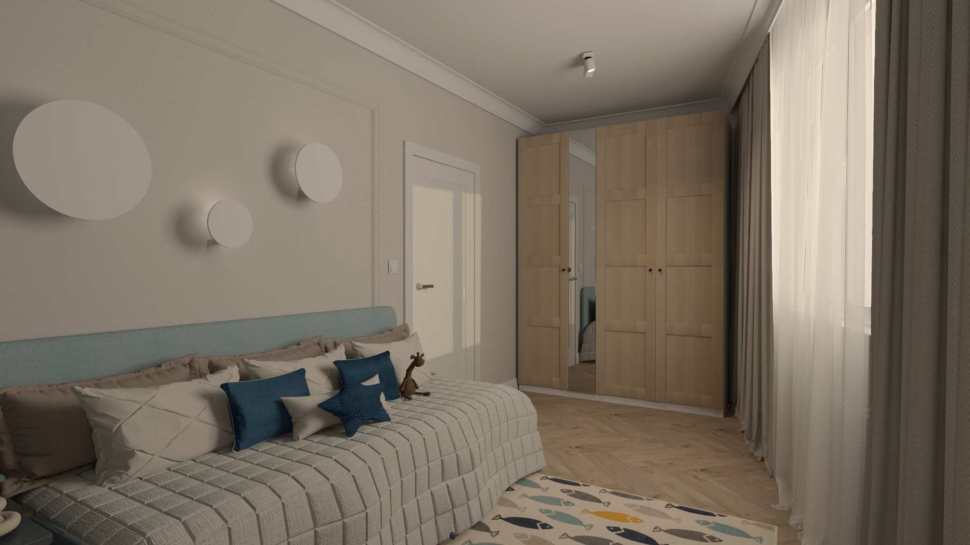 Jasny pokój dziecięcy z łóżkiem, szafą i okrągłymi lampami na ścianie. Parkiet w jodełkę i dywan z motywem ryb dodają przytulności.