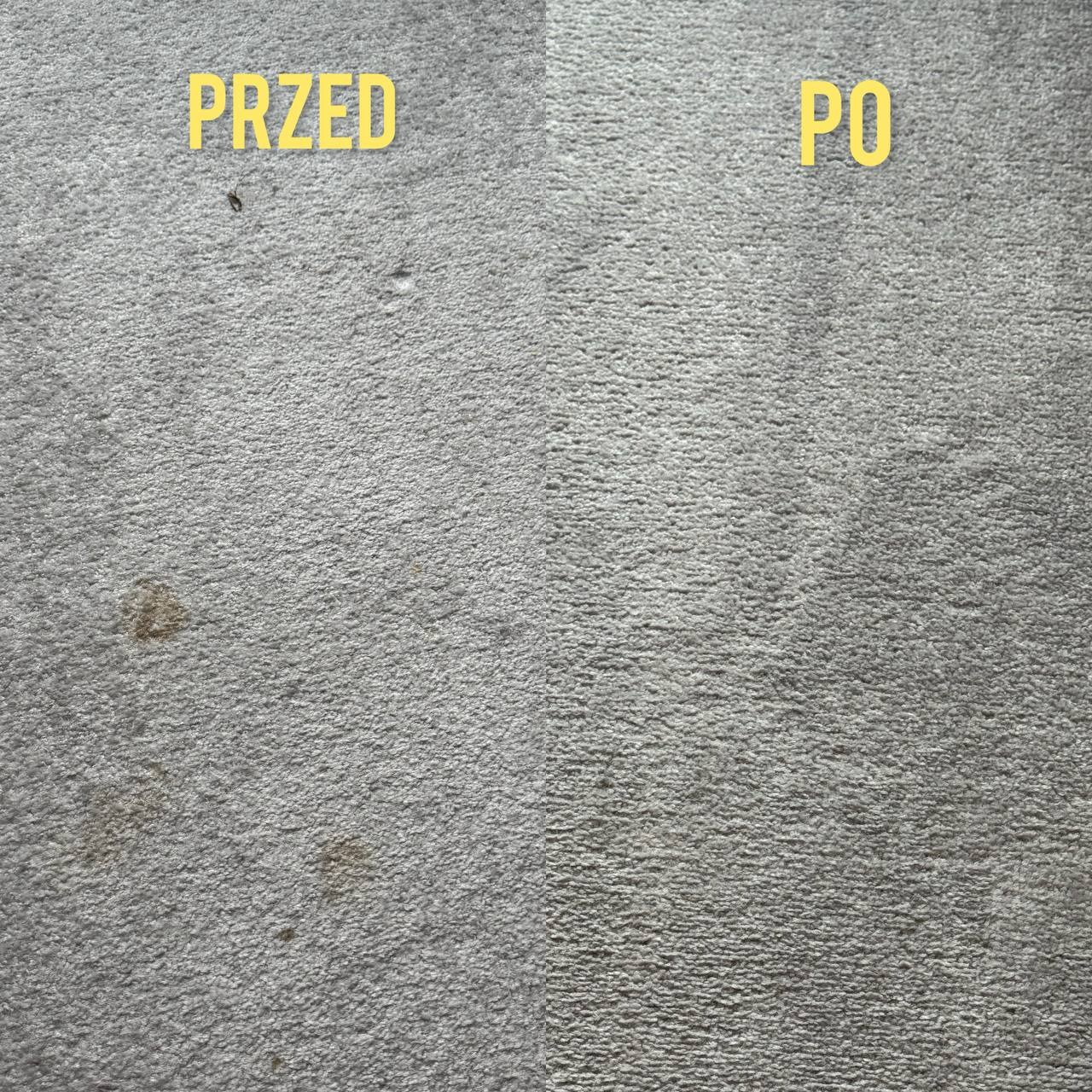 Dywan w odcieniach szarości, podzielony na dwie części: zabrudzoną (PRZED) i wyczyszczoną (PO), ukazujący efekt prania dywanu.