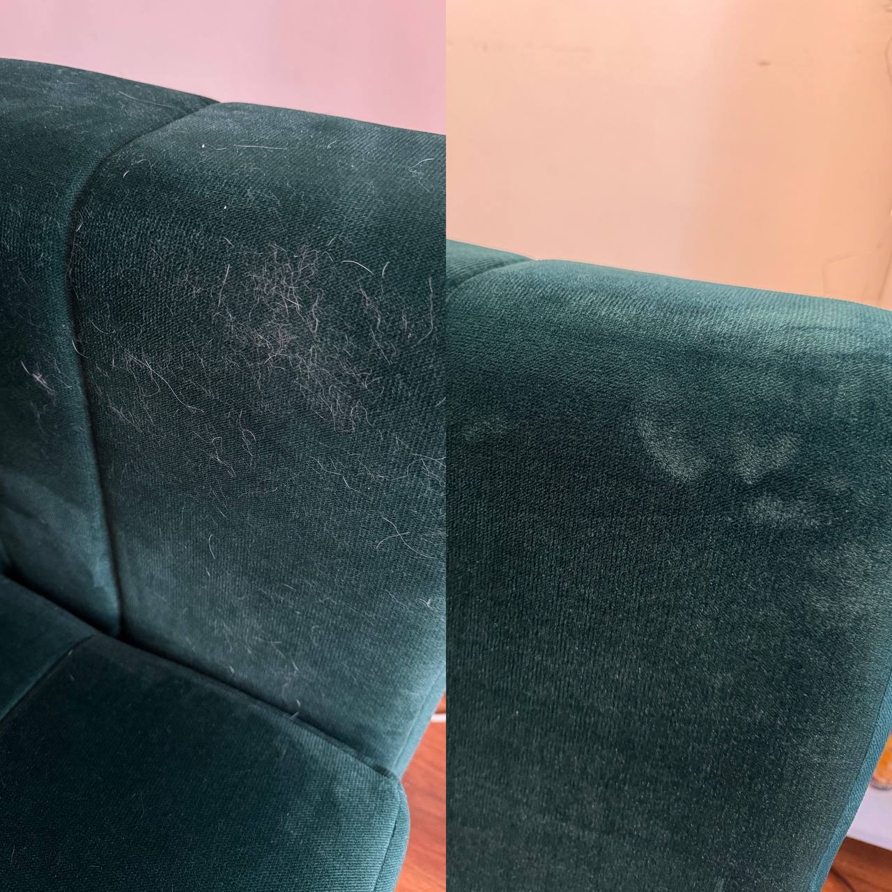 Efekt przed i po czyszczenia ciemnozielonej, welurowej tapicerki krzesła. Lewa strona zabrudzona sierścią, prawa po czyszczeniu, wyraźnie odświeżona.