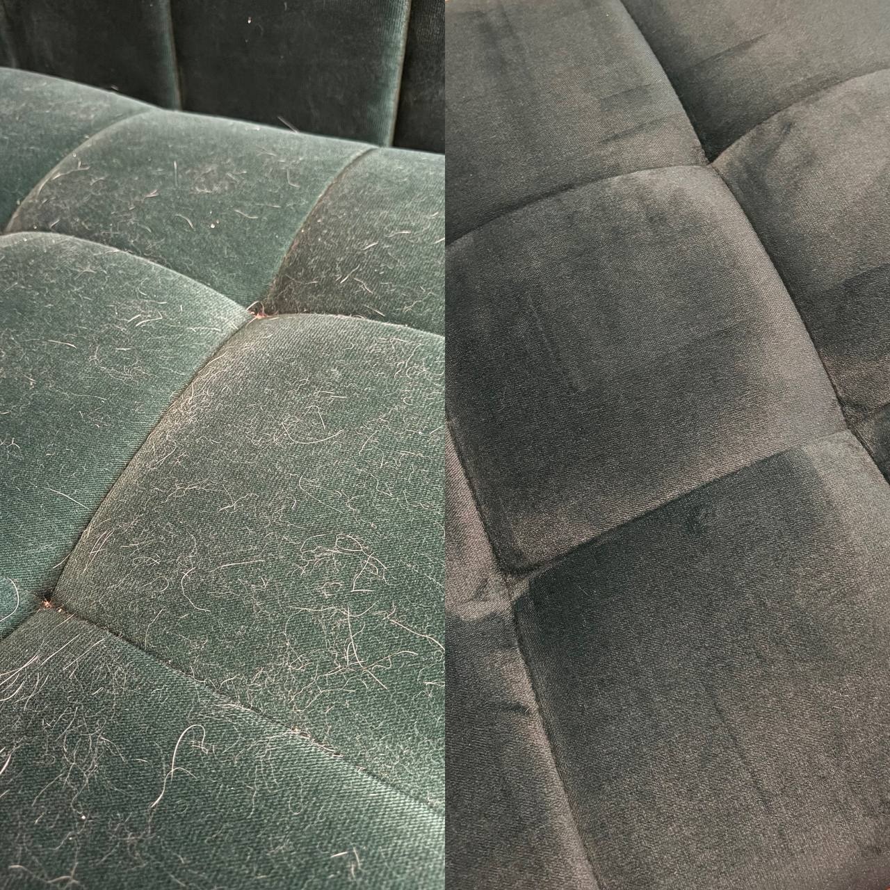 Efekt prania tapicerki: aksamitna kanapa w odcieniach zieleni, widoczny fragment przed i po czyszczeniu, po prawej stronie widoczna czysta powierzchnia.