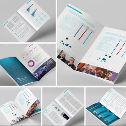 GWDesign Grzegorz Wieliczko - Prezentacja raportu z danymi i wykresami, otwarte broszury na białym tle. Układ graficzny z elementami wizualizacji danych i zdjęć uczestników kongresu.