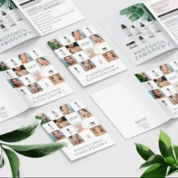 Katalogi produktowe marki kosmetycznej: otwarty podręcznik szkoleniowy z kolażem zdjęć modelek i kosmetyków oraz protokół zabiegowy z opisem procedur.