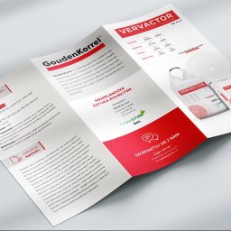 GWDesign Grzegorz Wieliczko - Trójdzielna ulotka reklamowa nawozów z charakterystyką produktu, danymi kontaktowymi i instrukcją wysiewu, prezentowana pod kątem na jasnym tle.