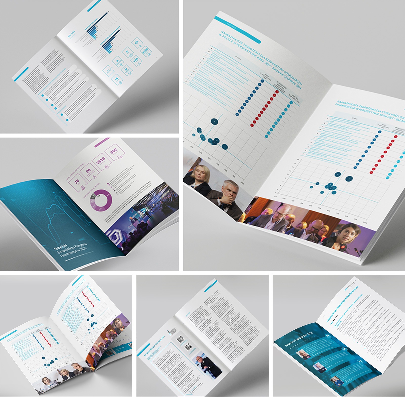 Prezentacja raportu z danymi i wykresami, otwarte broszury na białym tle. Układ graficzny z elementami wizualizacji danych i zdjęć uczestników kongresu.
