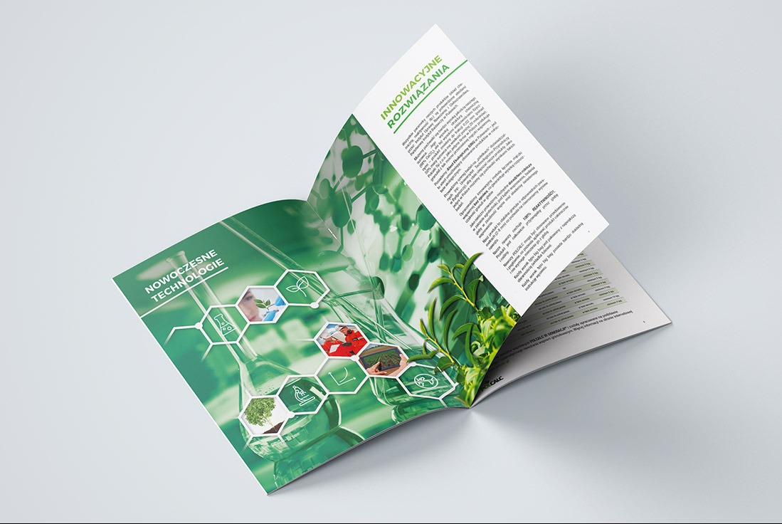 Otwarta broszura reklamowa z zieloną grafiką i hasłami 'Nowoczesne Technologie' i 'Innowacyjne Rozwiązania' na białym tle. Widoczne szczegóły tekstu i ilustracji.