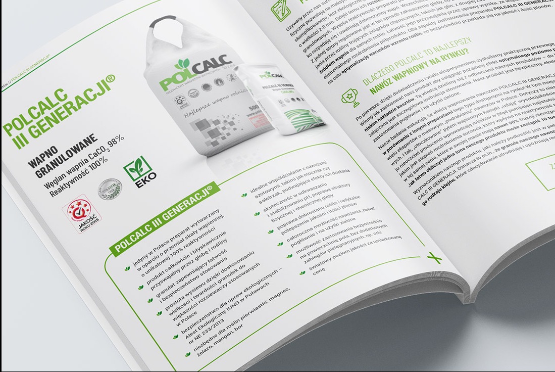 Broszura reklamowa nawozu wapniowego Polcalc III Generacji, z informacjami o jego właściwościach i zaletach. Widoczne opakowania produktu.