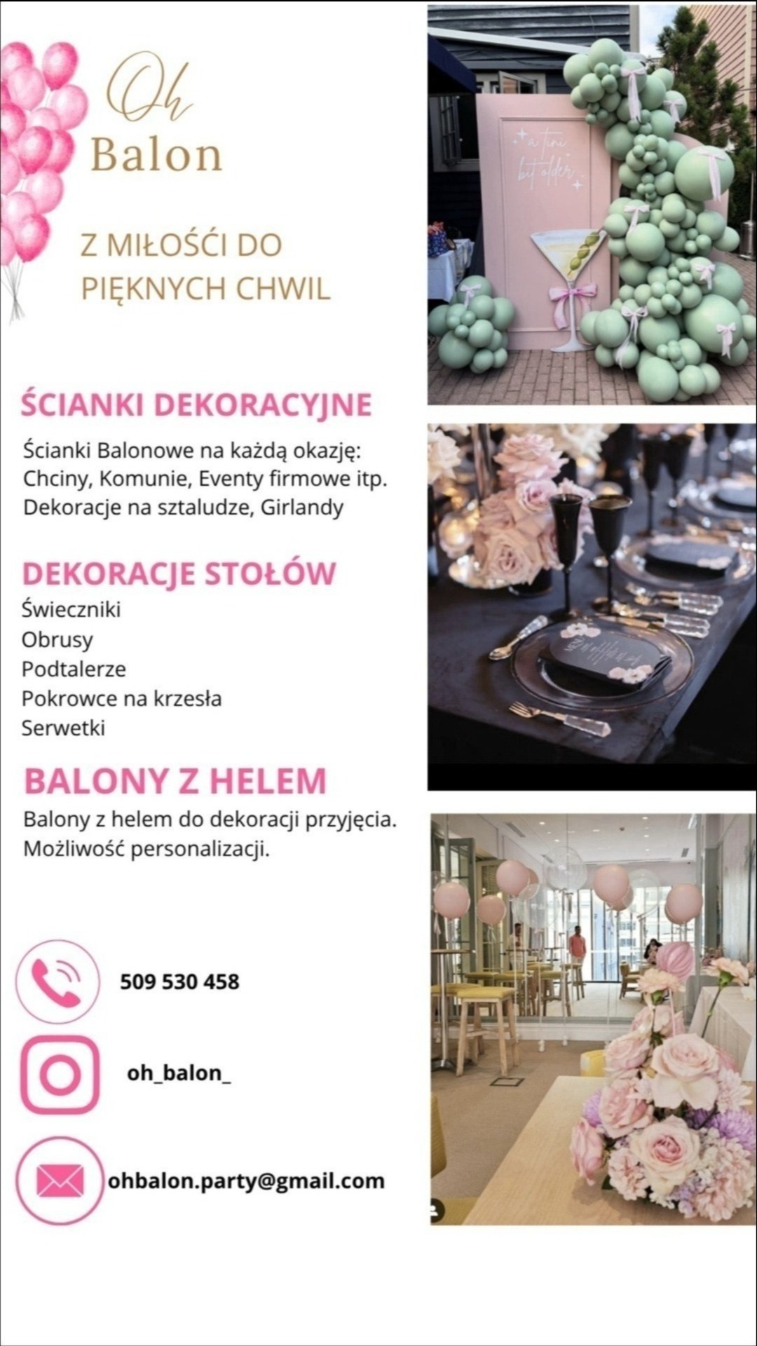 Kolaż zdjęć: dekoracje balonowe przy wejściu, elegancki stół z kwiatami i zastawą, wnętrze z balonami i bukietami. Różowa kolorystyka, detale dekoracyjne.