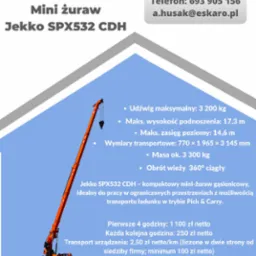 Mini żuraw gąsienicowy Jekko SPX532 CDH. Kompaktowa maszyna do wynajęcia w Jeleniej Górze. Udźwig 3200 kg, obrót wieży 360 stopni.