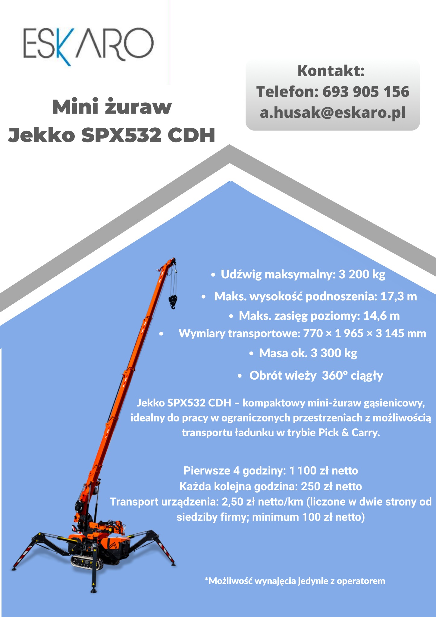 Mini żuraw gąsienicowy Jekko SPX532 CDH. Kompaktowa maszyna do wynajęcia w Jeleniej Górze. Udźwig 3200 kg, obrót wieży 360 stopni.
