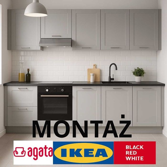 Kuchnia z szarymi szafkami po montażu w Zabrzu. Widoczny piekarnik, zlew i białe płytki na ścianie. Na dole logotypy Agata i IKEA.