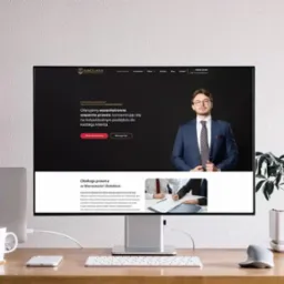 Ekran monitora wyświetla stronę internetową kancelarii adwokackiej. Minimalistyczne biurko z rośliną i akcesoriami Apple tworzy profesjonalne tło.