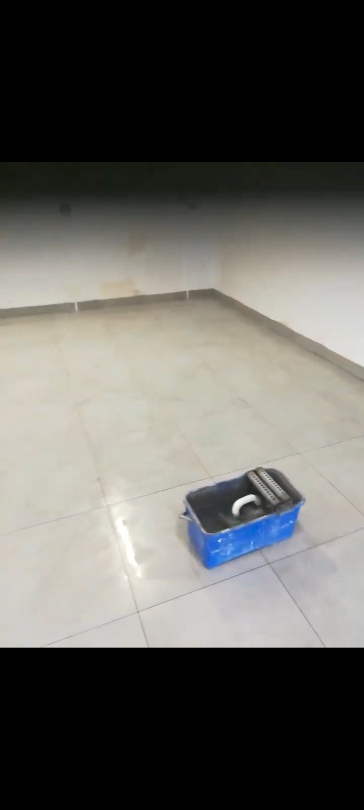 Wykończona, jasna podłoga z płytek w pustym pomieszczeniu. Niebieskie wiadro z narzędziami do fugowania w rogu. Świeżo położone płytki podłogowe.