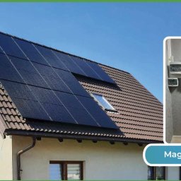 Ventra Group Sp. z o.o. - Dom z panelami słonecznymi na dachu i instalacją magazynu energii wewnątrz, widoczną w osobnym kadrze. Błękitne niebo w tle.