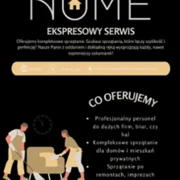 Grafika reklamowa: personel sprzątający w akcji, oferta kompleksowego sprzątania domów, biur i hal, elastyczne terminy, Poznań, kontakt e-mail i telefoniczny.