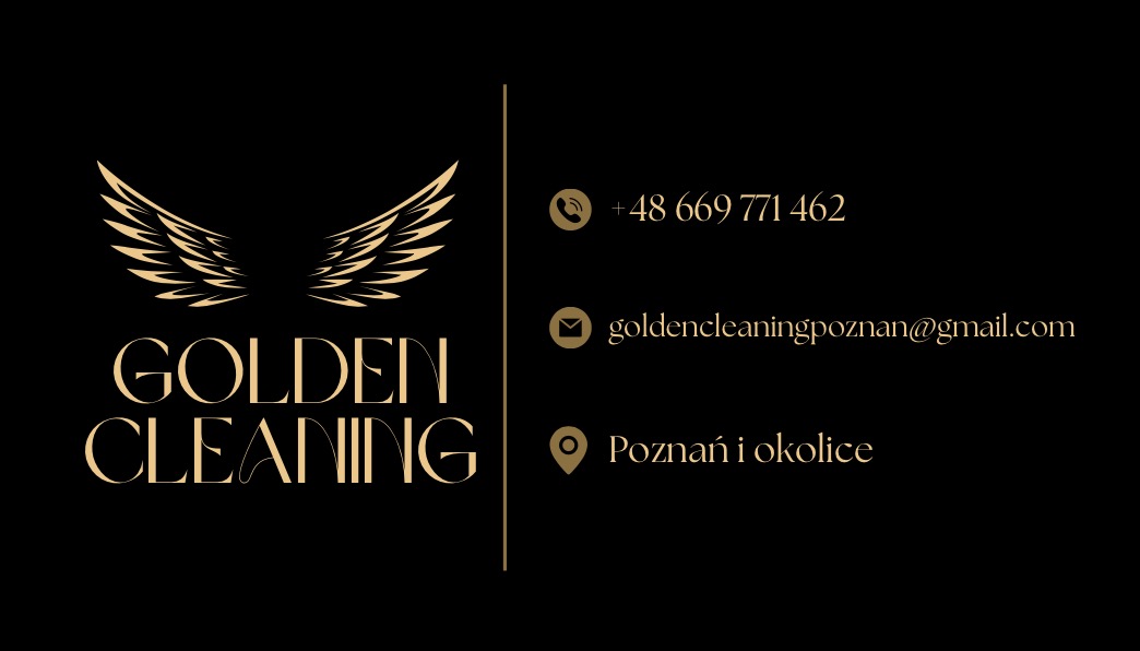 Elegancka wizytówka firmy Golden Cleaning w kolorze czarnym i złotym, z logo skrzydeł, danymi kontaktowymi i lokalizacją: Poznań i okolice.