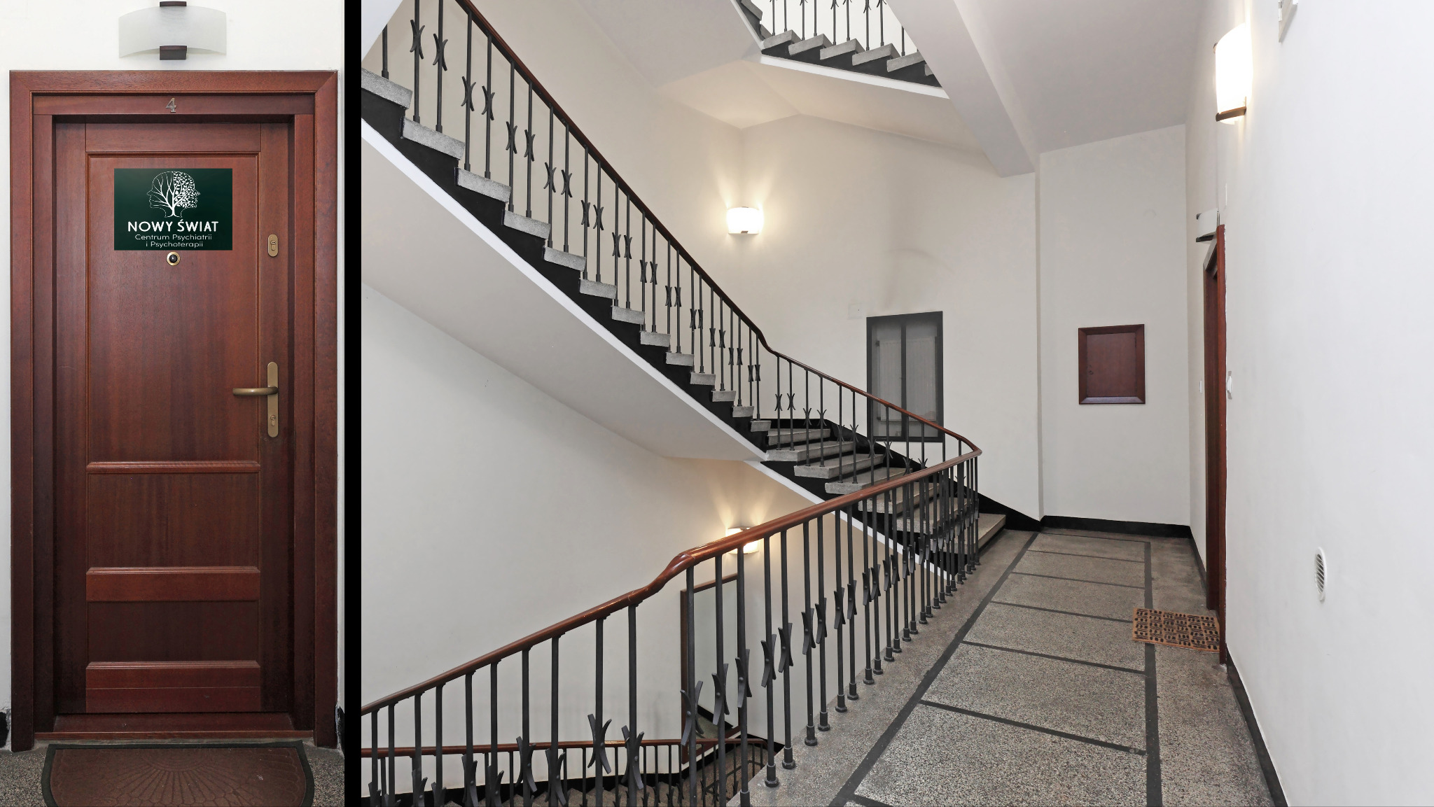 Wejście do gabinetu 'Nowy Świat' z zielonym logo na brązowych drzwiach w klatce schodowej z metalową balustradą i lampami ściennymi.