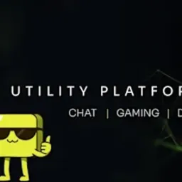 Grafika z logo TNTX, platformą dla tokenów, z ikonami czatu, gamingu, DeFi, handlu i społeczności. U dołu i u góry żółte postacie z okularami.