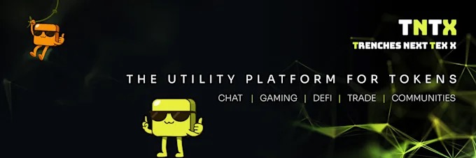 Grafika z logo TNTX, platformą dla tokenów, z ikonami czatu, gamingu, DeFi, handlu i społeczności. U dołu i u góry żółte postacie z okularami.