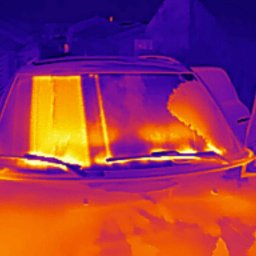 MICHAŁ KOWALÓWKA M&M BROKERS - Termowizyjne zdjęcie samochodu z otwartymi drzwiami, ukazujące rozkład temperatury na szybie przedniej i karoserii, wykonane w odcieniach pomarańczy i fioletu.