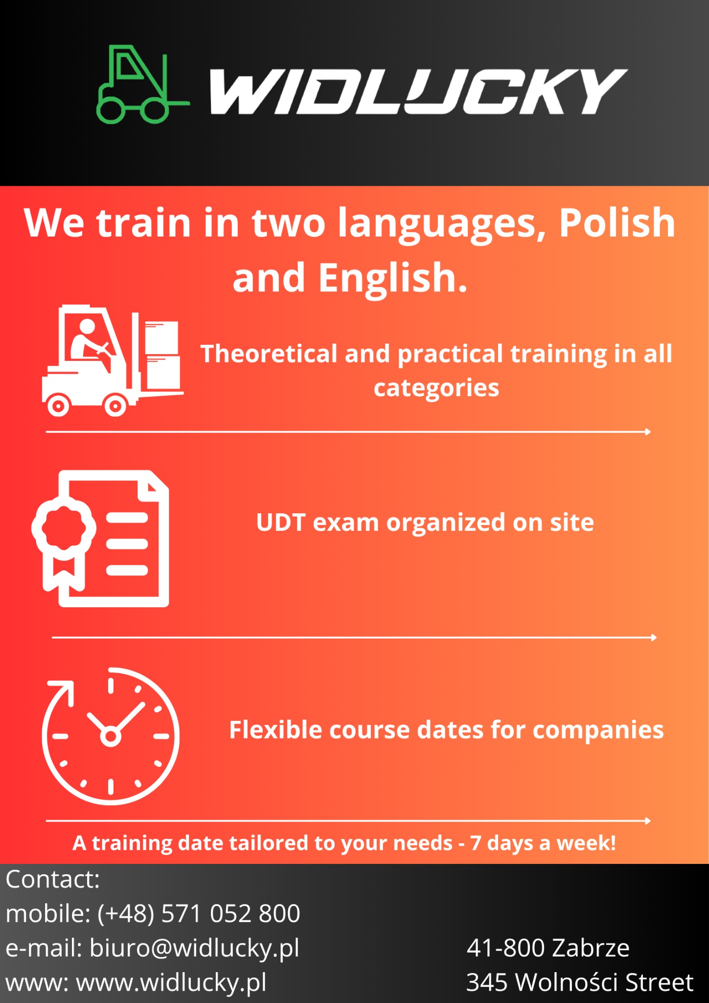 Grafika informacyjna: szkolenia na wózki widłowe Widlucky, kursy w języku polskim i angielskim, egzamin UDT na miejscu, elastyczne terminy dla firm.