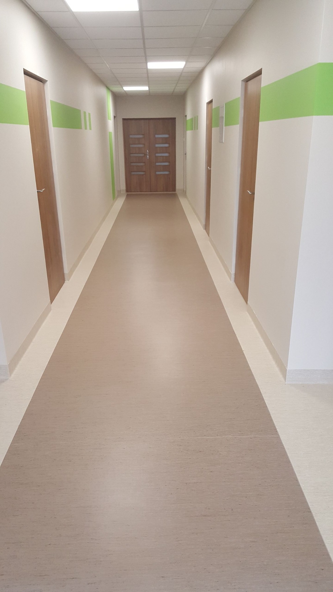Długi korytarz z beżową wykładziną podłogową i drewnianymi drzwiami. Na ścianach widoczne zielone pasy. Oświetlenie sufitowe w postaci paneli.