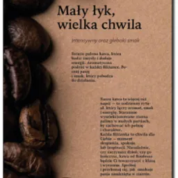 Kawa Routesso: grafika z ziarnami kawy, hasłem 'Mały łyk, wielka chwila' i opisem intensywnego smaku. Dodatkowo informacja o rabacie 30% przy zakupie dwóch.