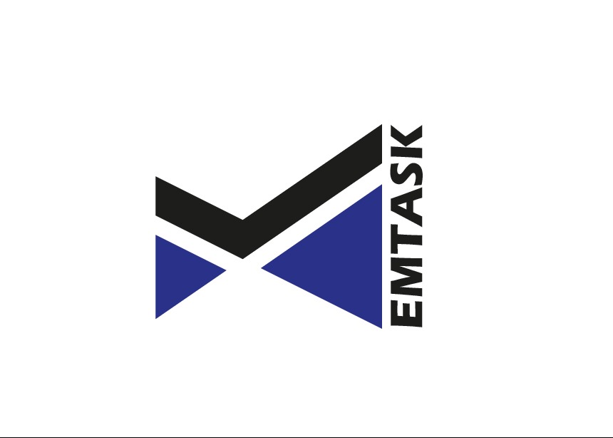Logo Emtask: czarno-niebieski symbol litery M z ptaszkiem, trójkątami i pionową nazwą na białym tle. Minimalistyczny, nowoczesny design.