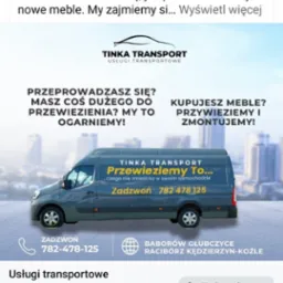 Reklama firmy transportowej Tinka Trans na Facebooku. Szary bus z numerem telefonu i hasłem: Przewieziemy to... czego nie zmieścisz w swoim samochodzie.