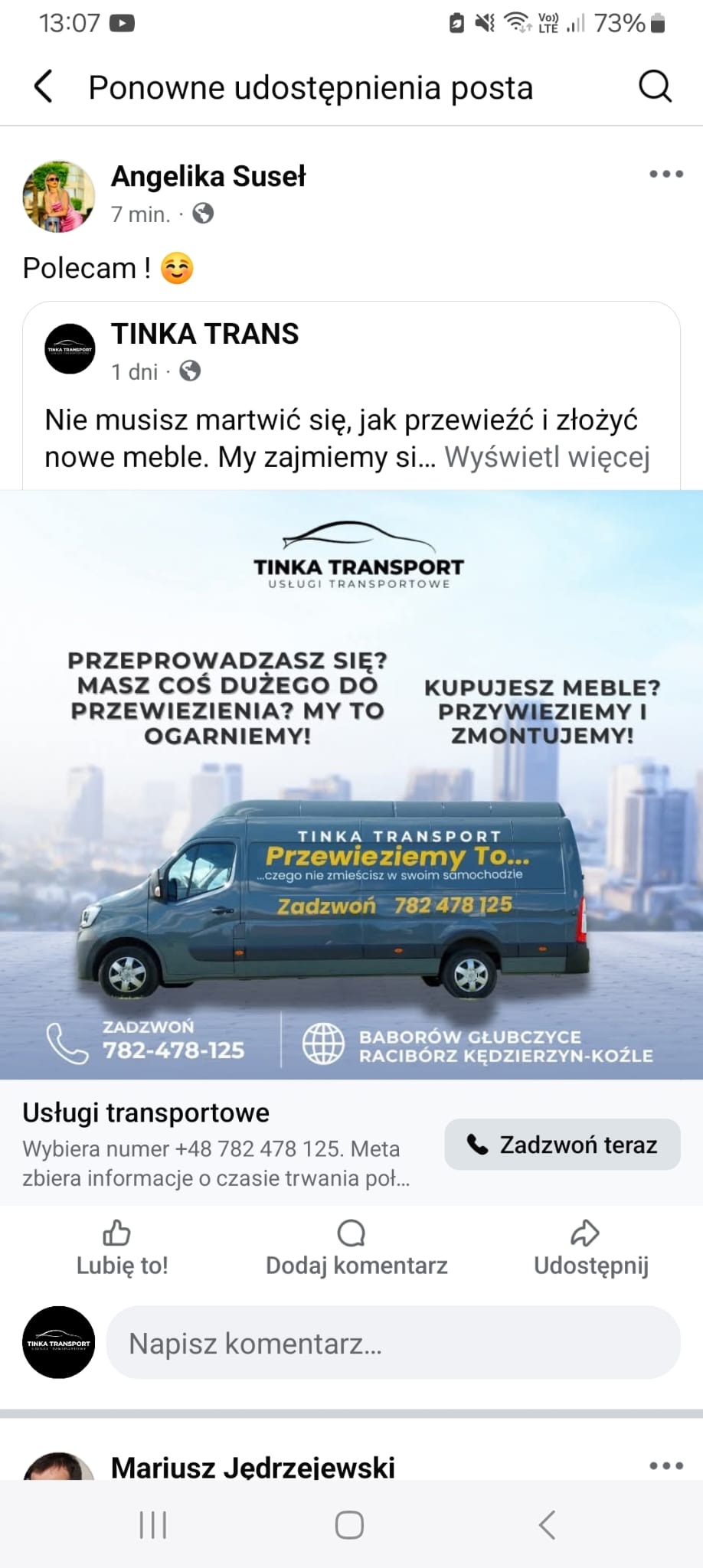 Reklama firmy transportowej Tinka Trans na Facebooku. Szary bus z numerem telefonu i hasłem: Przewieziemy to... czego nie zmieścisz w swoim samochodzie.
