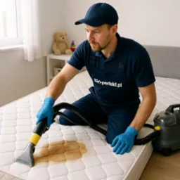Pracownik w niebieskim kombinezonie czyści materac na kolanach za pomocą odkurzacza piorącego, usuwając plamę. W tle widać pokój dziecięcy.