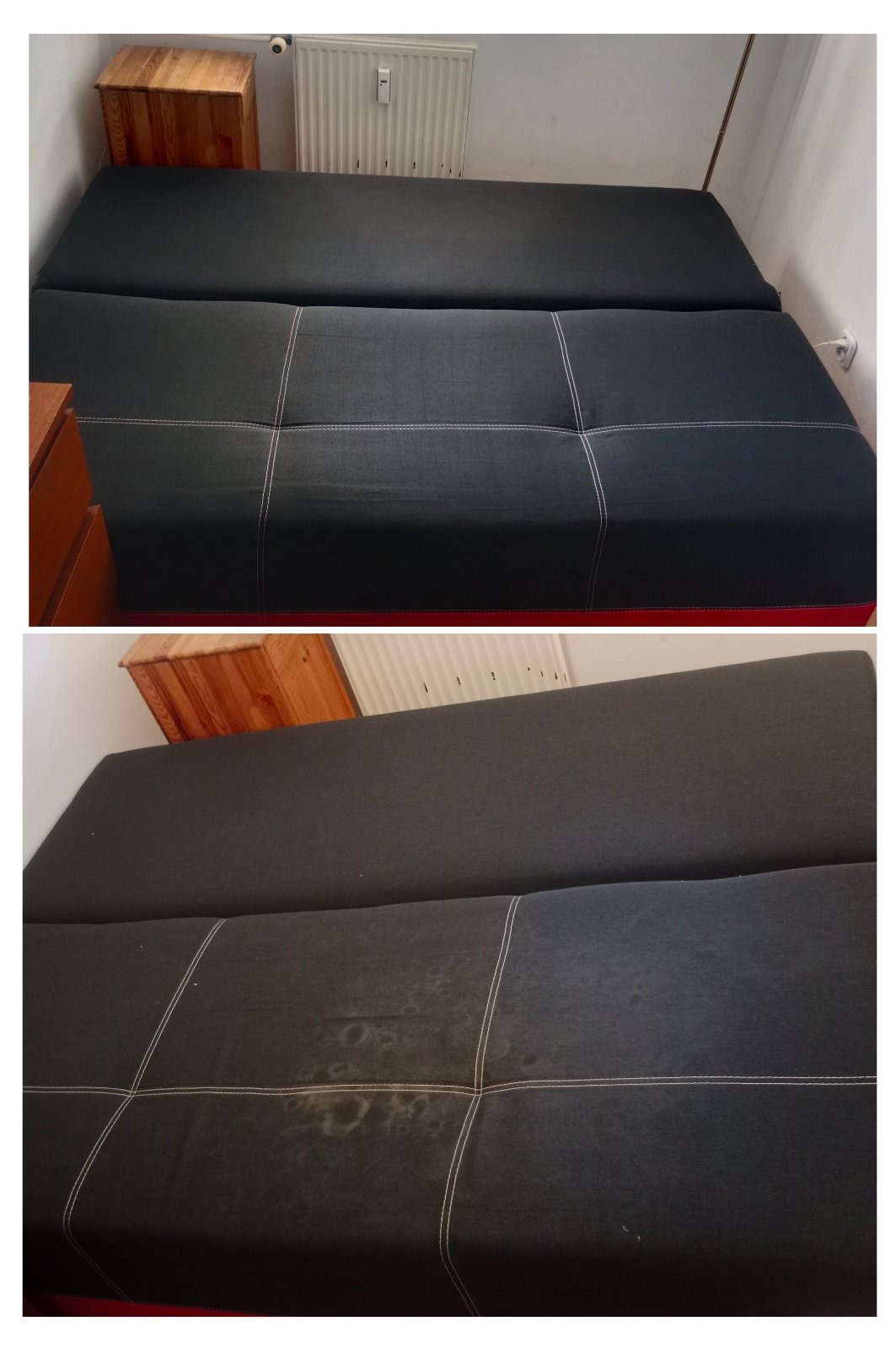 Czarna kanapa przed i po praniu tapicerki. Górna część zdjęcia przedstawia czystą kanapę, dolna z widocznymi plamami przed czyszczeniem.