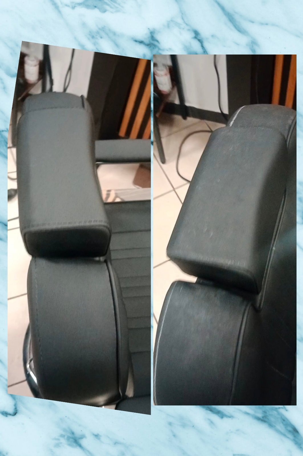 Dwuobrazowe ujęcie czarnego fotela z tapicerowanymi podłokietnikami, prezentujące stan przed i po czyszczeniu, z widocznymi różnicami w odcieniu i czystości.