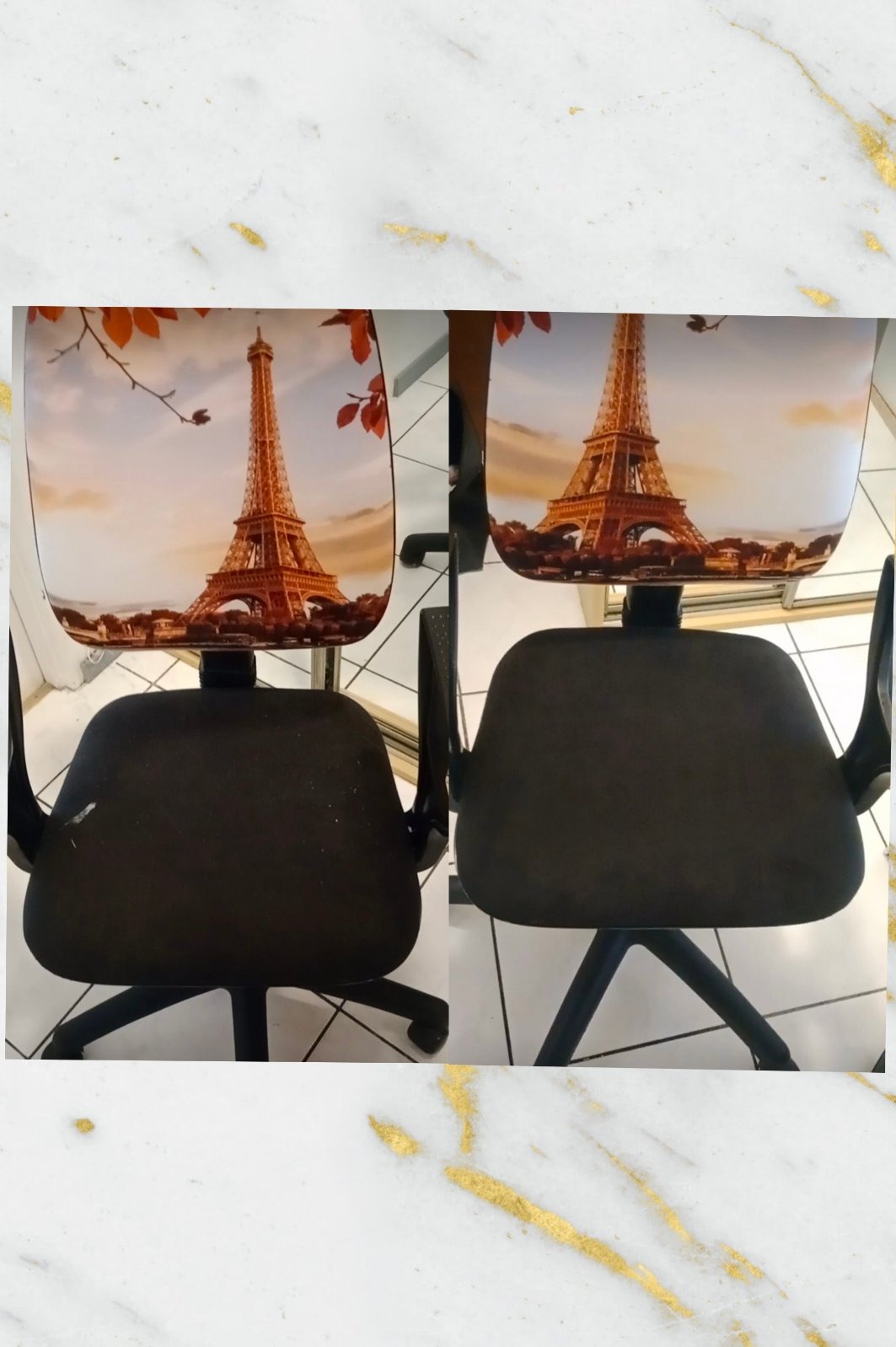 Zdjęcie krzesła biurowego przed i po praniu tapicerki. Na oparciu widnieje grafika z wieżą Eiffla. Po prawej stronie krzesło po czyszczeniu, bez plam.