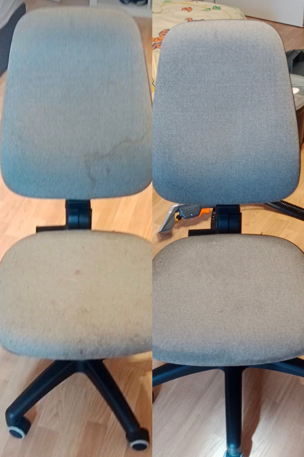 Krzesło biurowe na kółkach, tapicerowane szarą tkaniną, w układzie „przed i po” praniu. Po prawej stronie widoczny fragment odkurzacza piorącego.