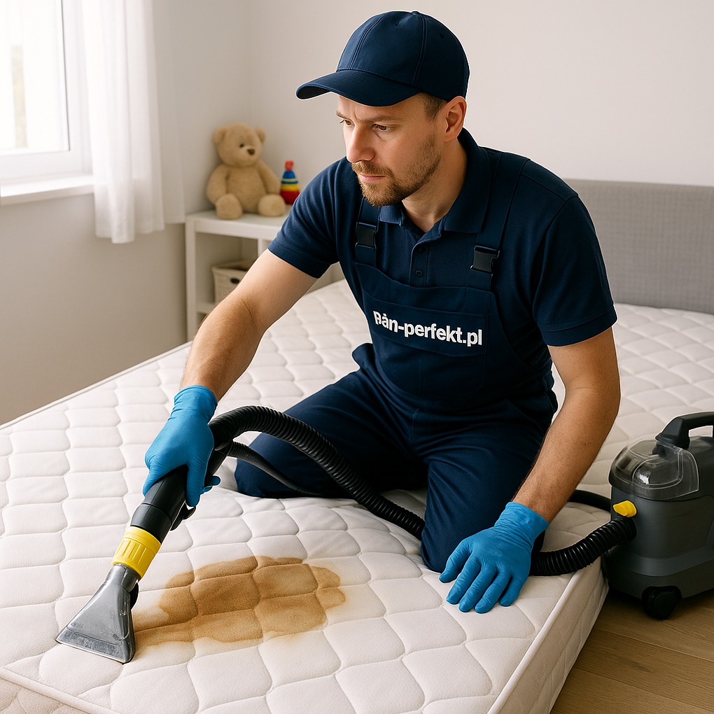 Pracownik w niebieskim kombinezonie czyści materac na kolanach za pomocą odkurzacza piorącego, usuwając plamę. W tle widać pokój dziecięcy.