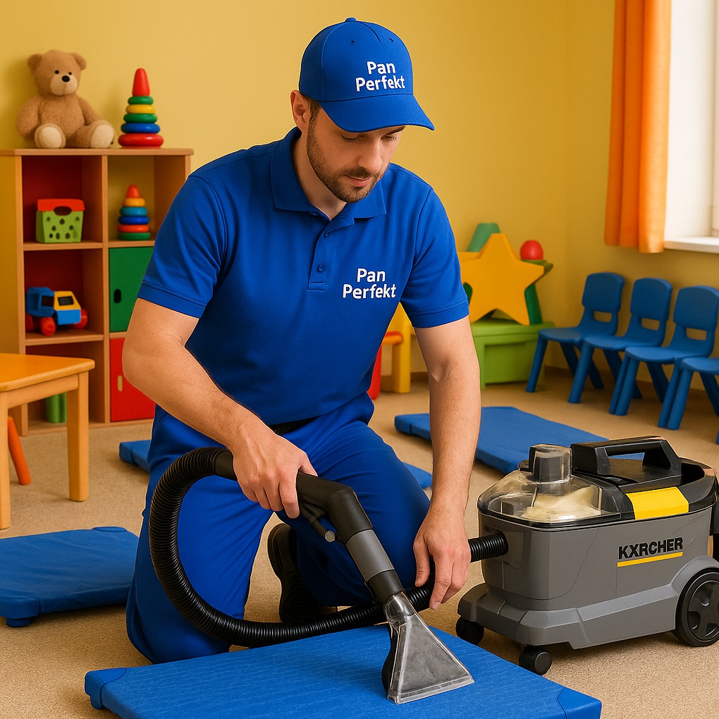 Mężczyzna w niebieskim uniformie 'Pan Perfekt' czyści odkurzaczem materac w przedszkolu, widoczne zabawki i krzesła.