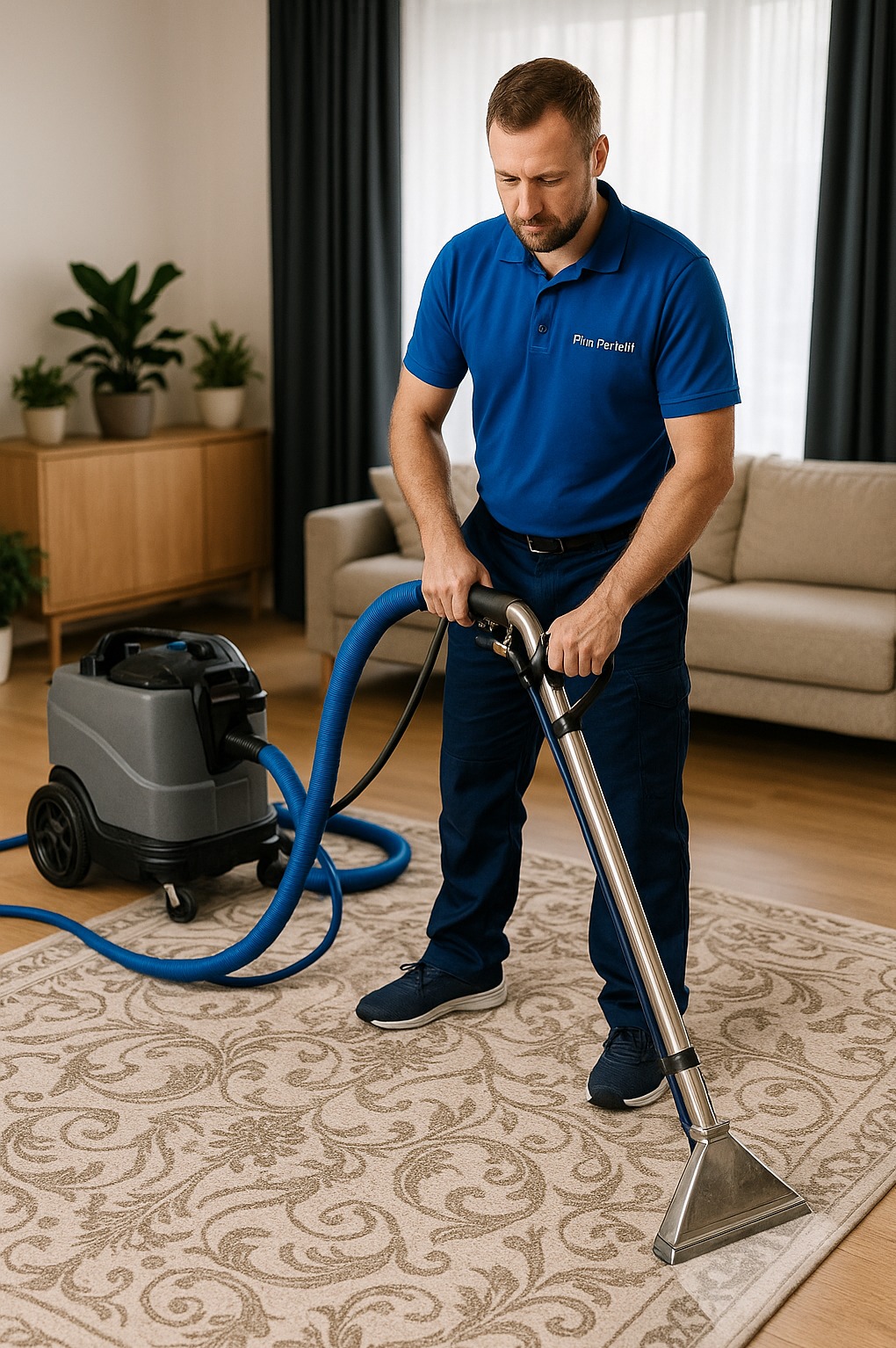 Mężczyzna w niebieskiej koszulce z logo czyści beżowy dywan wzorzysty odkurzaczem piorącym. Widoczny fragment sofy i szafki w tle.