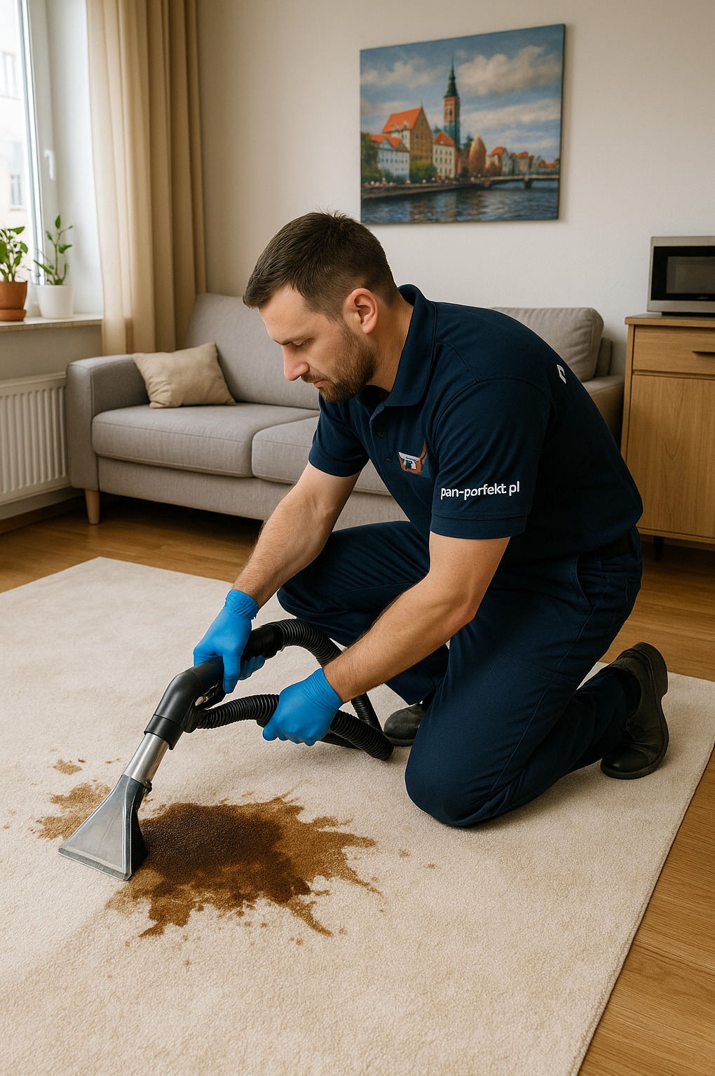 Mężczyzna w niebieskim uniformie czyści beżowy dywan z plam odkurzaczem piorącym. Widoczne niebieskie rękawice i logo firmy na koszulce.