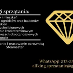 Grafika z listą usług sprzątania: dom&oacute;w, biur, po remoncie, mycie okien, odświeżanie parownicą. Złoty diament, kontakt WhatsApp i e-mail na czarnym tle.
